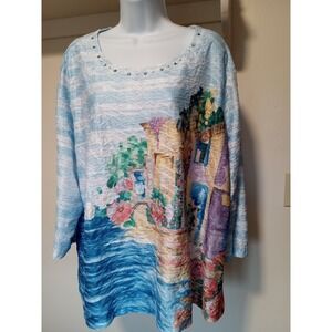 Alfred Dunner Woman 3X Blue Scenic Mediterranean Village Rhinestone Tunic Top
